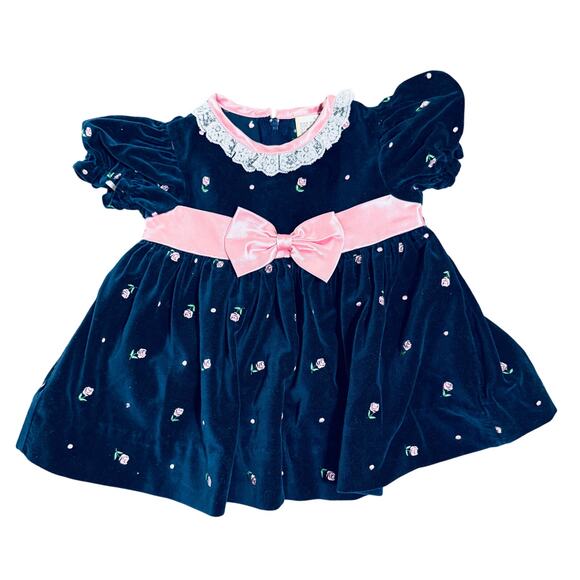 Vintage Velvet Dress Satin Bows Embroidered Rose Accents Lace Puff‎ Sleeve 12M - Picture 1 of 10